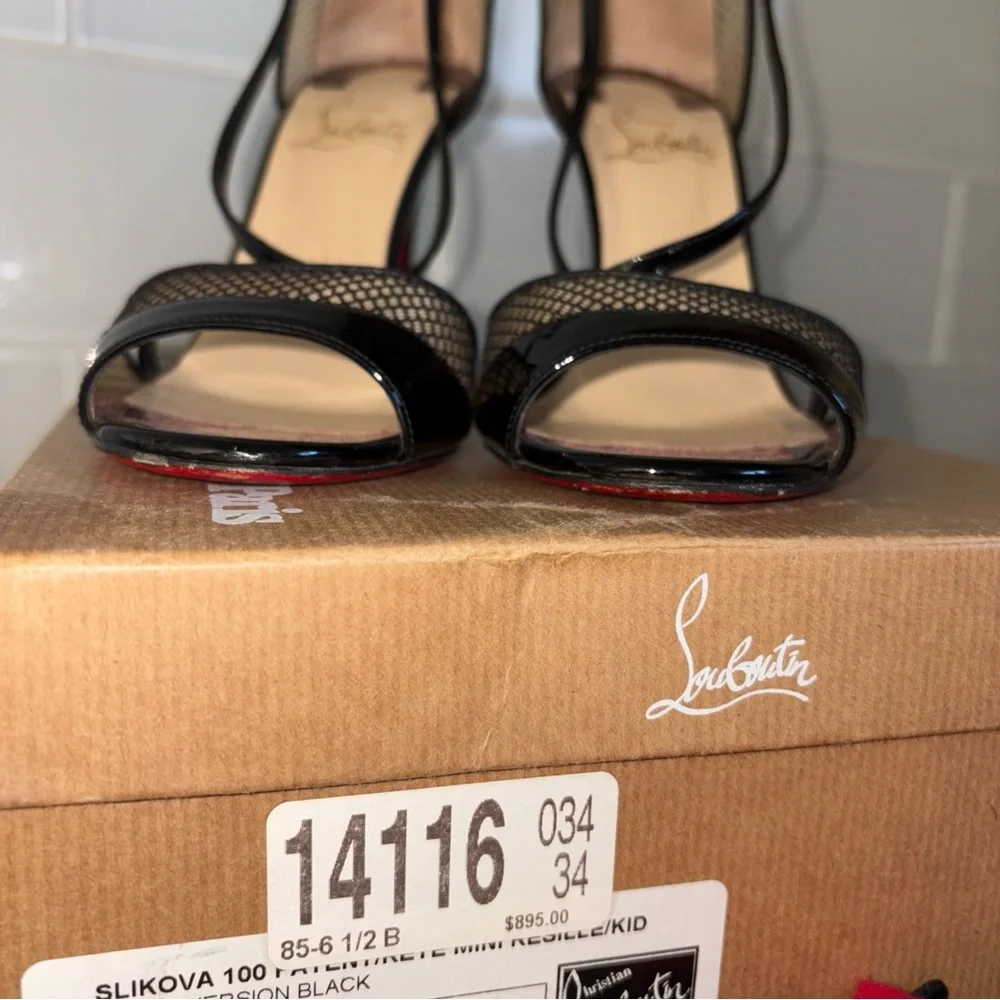 Christian Louboutin Black Patent & Mesh Slingback Heels with Red Soles